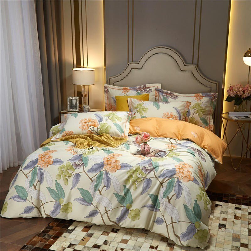 100%Cotton Full Queen 4Pcs Tropical Leaves Bedding set Duvet Cover Bed sheet Pillow shams Ultra Soft Breathable Zipper Core ties 6