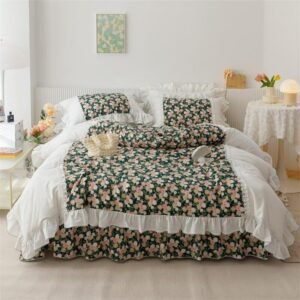 100%Cotton Rose Floral White Patchwork Duvet Cover Set Double Queen King Twin Bedding Set Chic Flower Ruffle Bedskirt Pillowcase 1