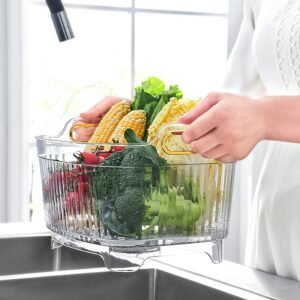 New Large Fruit Vegetable Storage Basket Drainer with Handle Sink Pantry Kitchen Organizer Plastic Refrigerator Container Clear 1