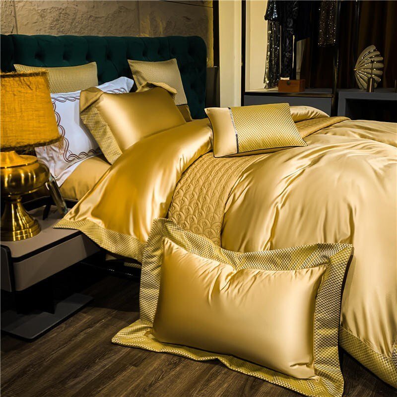 Satin Silver Golden Luxury Duvet Cover set Egyptian Cotton Silky Smooth Soft Comforter Cover Bed Sheet Bedspread Pillowcases 6