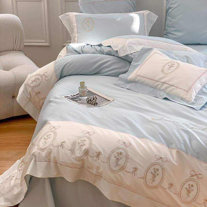 Chic Embroidery Blue White Patchwork Girls Elegant Duvet cover Bed Sheet 2Pillow shams 1000TC Egyptian Cotton 4Pcs Bedding set 4