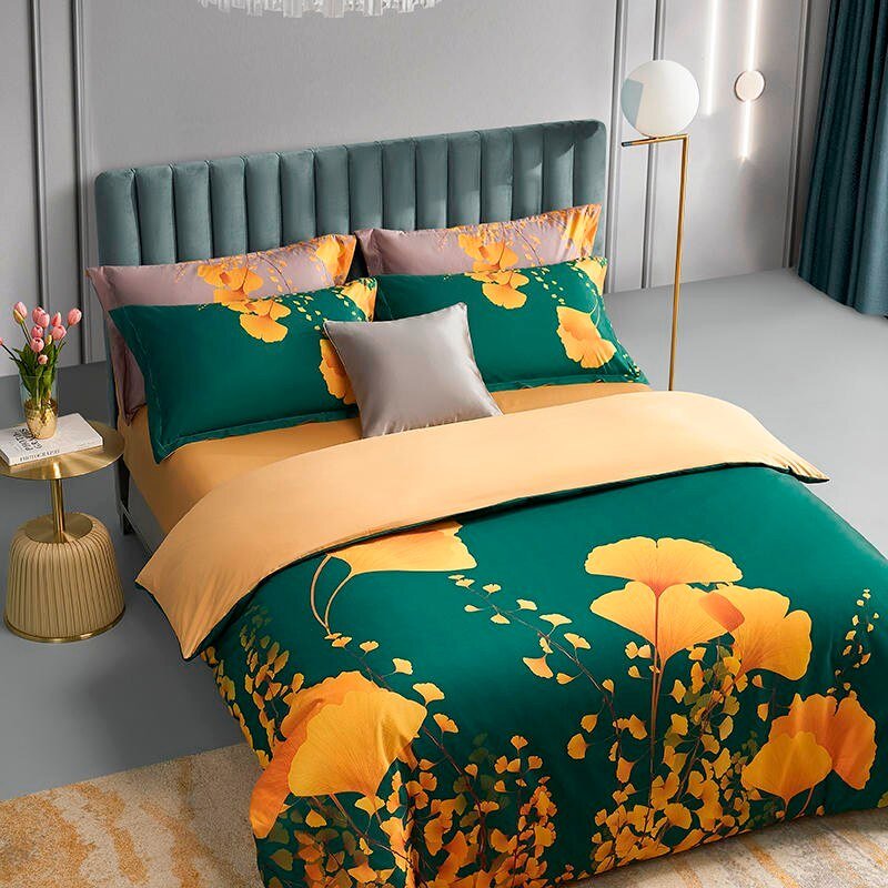 100%Cotton Queen Size Yellow Ginkgo Leaves Bedding Set Bright Duvet Cover with Zipper 1 Bed sheet 2 Pillowcases Easy care Soft 6