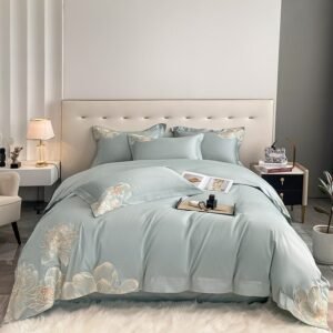Chic Embroidery Flowers Elegant Bedding set Quality 1000TC Long Staple Cotton Blue Cream Soft Duvet Cover Bed Sheet Pillowcases 1