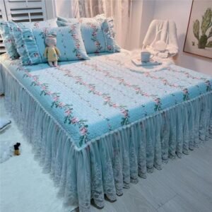 Farmhouse Floral Princess Wrap Around Ruffle Lace Bed Skirt Pillowcase 100%Cotton Quilted Bedspread with Elastic16" Drop 3/5Pcs 1
