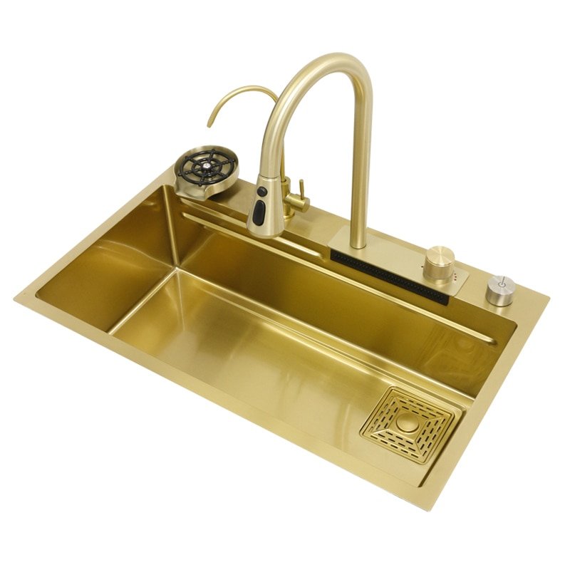 Waterfall Kitchen Sink Gold 304 Stainless Steel Raindance Large Single Bowl Wash Basin Drain Kitchen Accessories Set Topmount 6