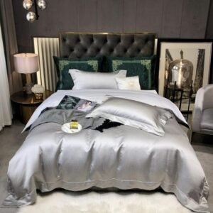 Satin Cotton Luxury Grey Golden Duvet Cover Set King Queen size 4Pcs Soft Silky Satin Bedding set with 1 Bed Sheet 2 Pillowcases 1