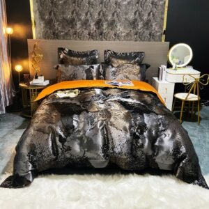 Luxury Chic Black Gold Duvet Cover Set Egyptian Cotton Satin Weave Silky Soft Quality Bedding Set Flat/Fitted Sheet Pillowcases 1