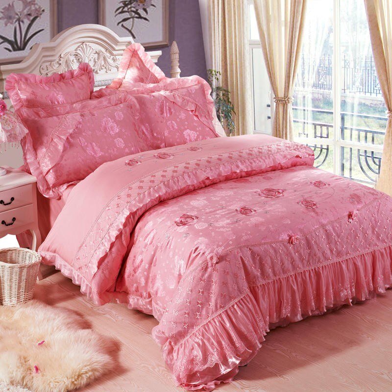 Shabby Chic Lace Ruffle Duvet Cover Set Cotton Chic Embroidery Wedding Bedding set Hot Pink Red 4/6Piece Bed Sheet Pillow shams 2