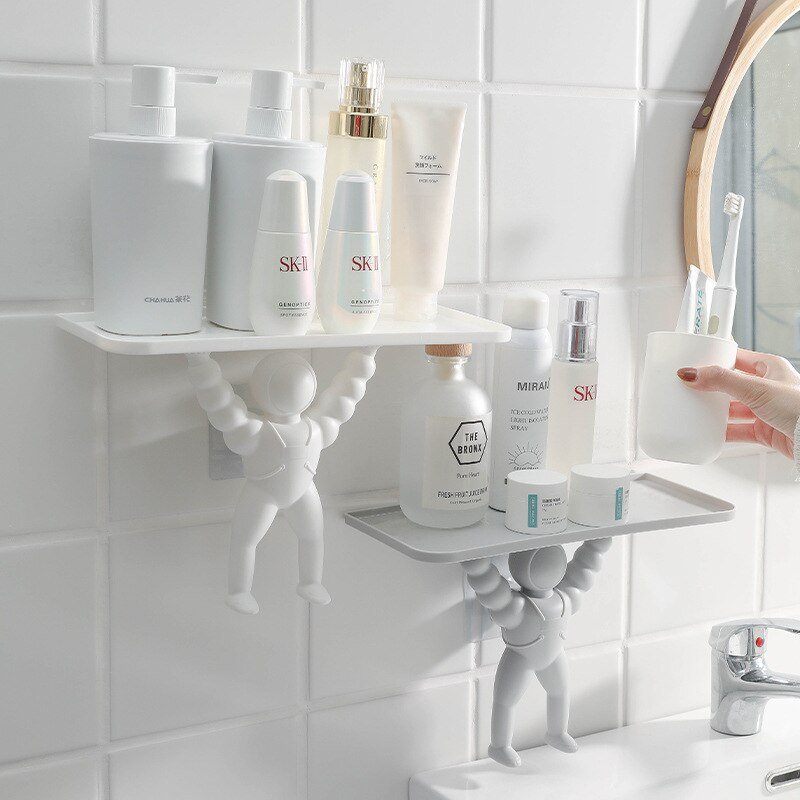 2pcs Creative Astronaut Bathroom Shelf Rack Storage Organizer Self-adhesive Plastic Wall Hanging Cosmetic White No Drill 4