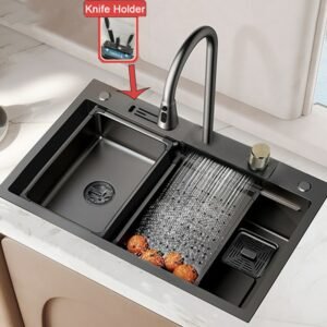 Waterfall Faucet 304 Stainless Steel Kitchen Sink with Knife Holder Topmount Vegetable Washing Basin Bowl Large Single Slot Set  1
