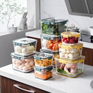 Refrigerator Organizer Food Preservation Box Storage Container with Seal Lid Timer Drainer Transparent Hermetic Pot Plastic PET 1