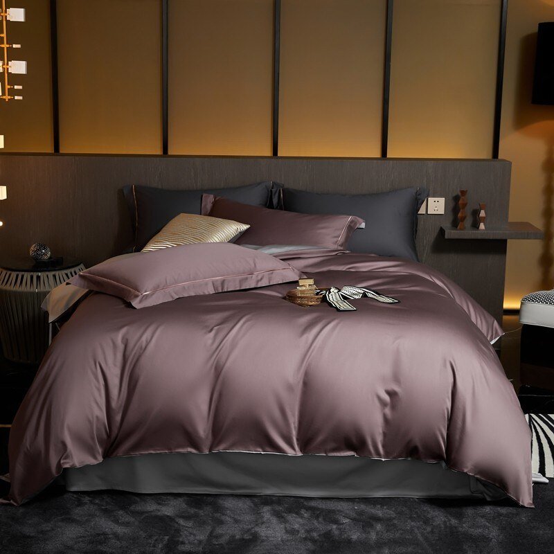 4Pcs Reversible Duvet Cover Set King Queen 100%Egyptian Cotton Satin Solid Color Bedding Set Ultra Soft Bed Sheet set Pillowcase 1