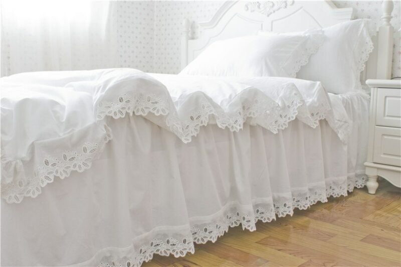 Bright White color Hollow Lace edge Duvet/Quilt cover with Zipper 100%Cotton Ultra Soft Bedskirt Bedding set Queen size Shabby 3