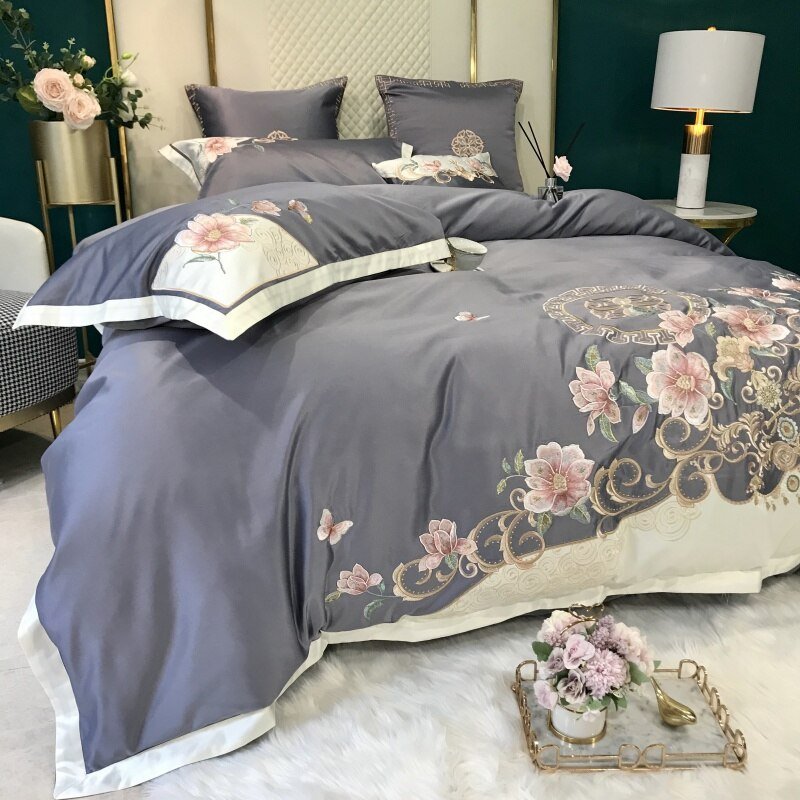 Chic Embroidery Blossom White Grey Patchwork Duvet Cover Luxury Silk Satin Cotton Soft Bedding set Bed Sheet Pillowcases 2