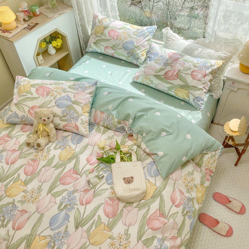100%Cotton Lovely Spring Blooming Flowers Garden Fresh Green Duvet cover Bed Sheet Pillowcases Twin Double Queen 4Pcs Bedding 4