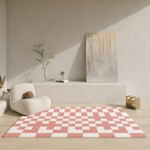 Pink and White Checkerboard Carpet Bedroom Retro Home Living Room Coffee Table Carpets Balcony Rental House Decoration Floor Mat 1