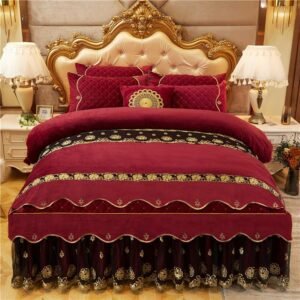 4/6Pcs Shaggy Bedding Set 1Velvet Flannel Duvet Cover+1 Quilted Ruffle Bed Sheet Skirt + 2Fringe Pillow Sham Soft Warm Luxurious 1