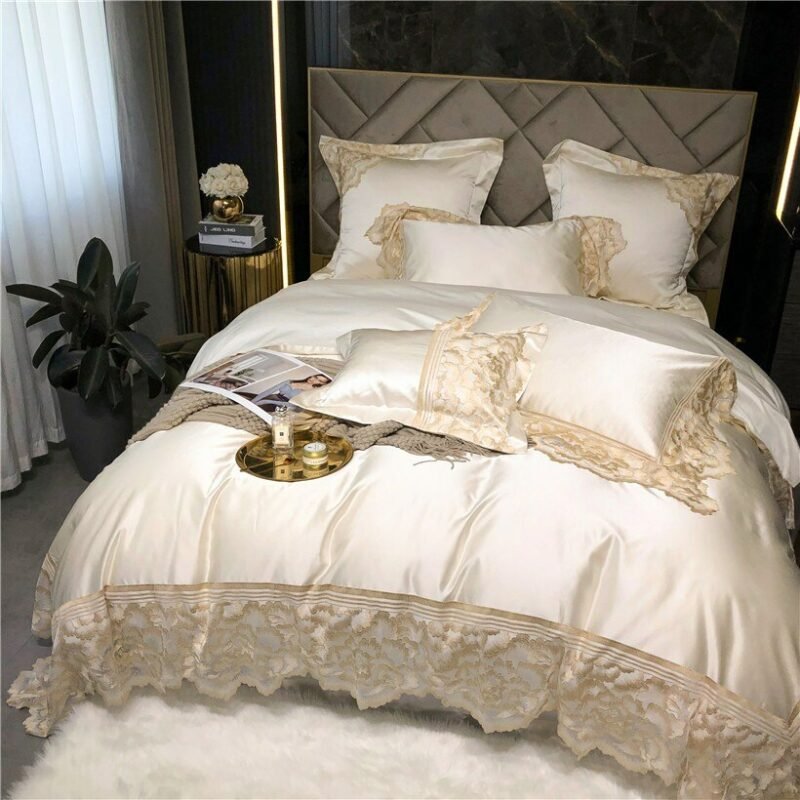Chic Flowers Wide Lace Duvet Cover Satin+Egyptian Cotton Beige Pink Bedding Comforter Cover Bed Sheet Ultra Soft Silky 4/7Pcs 2