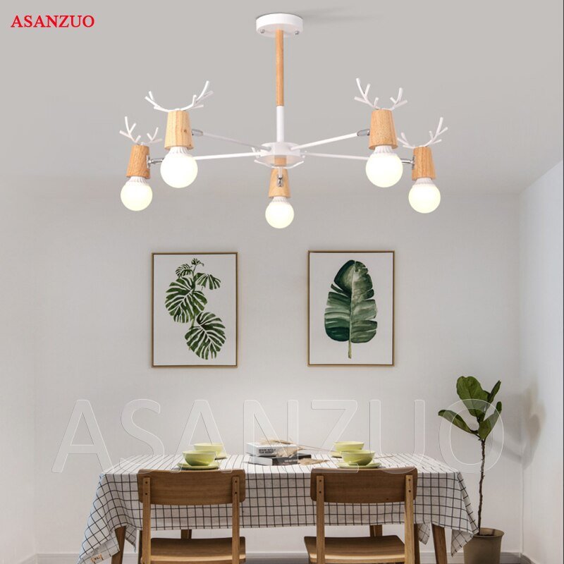 Nordic style living room ceiling light modern minimalist solid wood bedroom  Kids Room LED home iron antler lamps 3