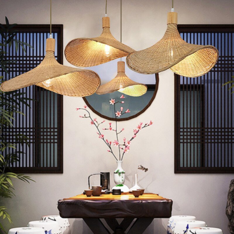 Bamboo Woven Straw Hat Pendant Lamp Creative Kitchen Island Pendant Lights Living Room Decoration Restaurant Suspension Lustre 4