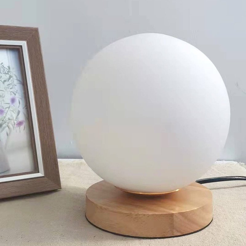 Simple White Glass Ball Table Lamp Nordic Bedroom Bedside Wooden base desk lamp Home Deco Desk LED Lighting Fixture 4