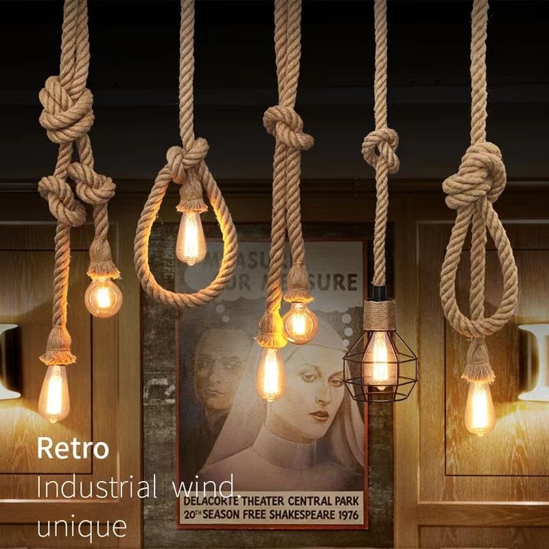Vintage Hemp Rope Pendant Lights Loft E27 Rope Light Base Indoor Lighting Lamp DIY For Kitchen Cafe Bar Decor Hanglamp 1