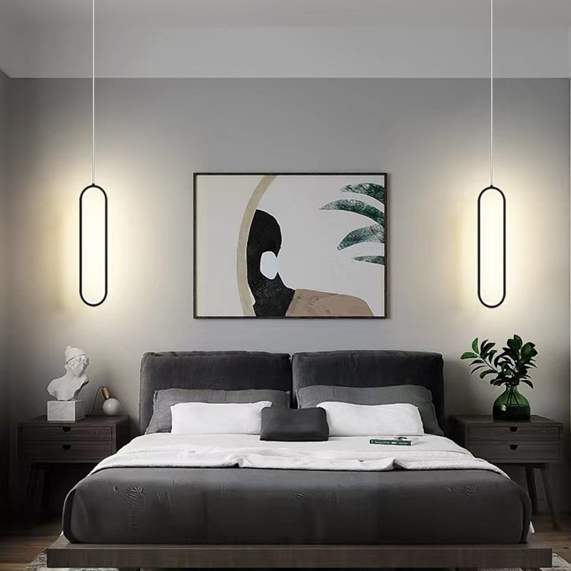 Single double head black led pendant light Bedroom Hanging Lamp Bedside Long Line Light Luxury Circle Small Chandelier 2