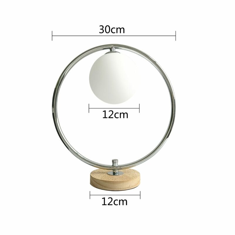 Nordic Glass Lampshade Silver Metal Ring LED Table Lamp Bedroom Bedside Night Light Decoration Study Desk Lamp Round Wood Base 6
