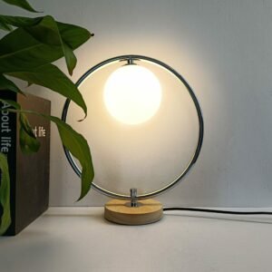 Nordic Glass Lampshade Silver Metal Ring LED Table Lamp Bedroom Bedside Night Light Decoration Study Desk Lamp Round Wood Base 1
