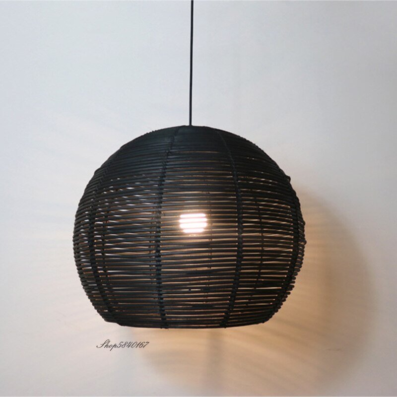 Minimalist Round Shade Pendant Lights Rattan Lamp Suspension Dining Room Kitchen Light Fixtures Black/Beige Lustre Home Lighting 3
