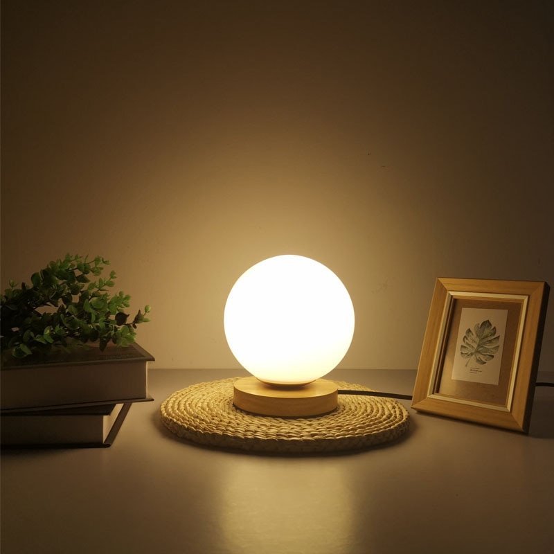 Simple White Glass Ball Table Lamp Nordic Bedroom Bedside Wooden base desk lamp Home Deco Desk LED Lighting Fixture 2