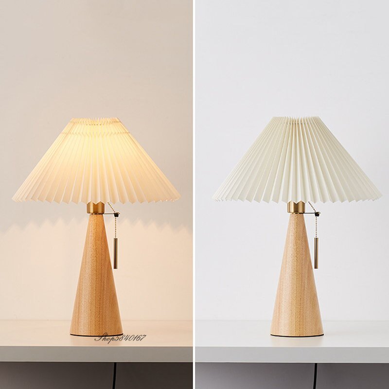Retro Zipper Wooden Table Lamp Designer Log Style Bedroom Bedside Lamp Living Room Study Decor Pleated Cloth Lampshade E27 Lamp 3