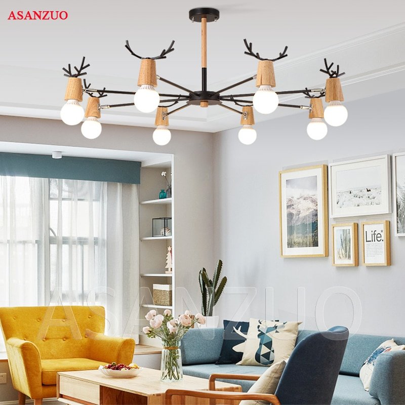 Nordic style living room ceiling light modern minimalist solid wood bedroom  Kids Room LED home iron antler lamps 1