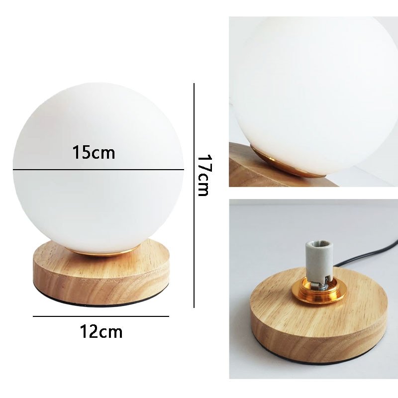 Simple White Glass Ball Table Lamp Nordic Bedroom Bedside Wooden base desk lamp Home Deco Desk LED Lighting Fixture 6