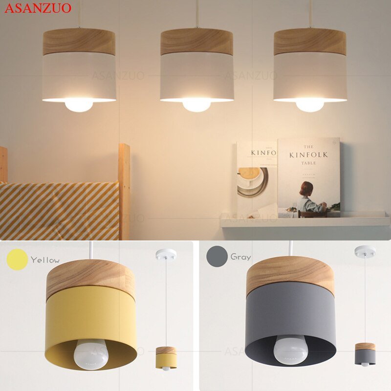 Pendant Light Nordic Led Minimalist Wooden Iron Hanging Lighting Bedside Creative Restaurant Study Bar Macarons E27 Gray Lamps 5