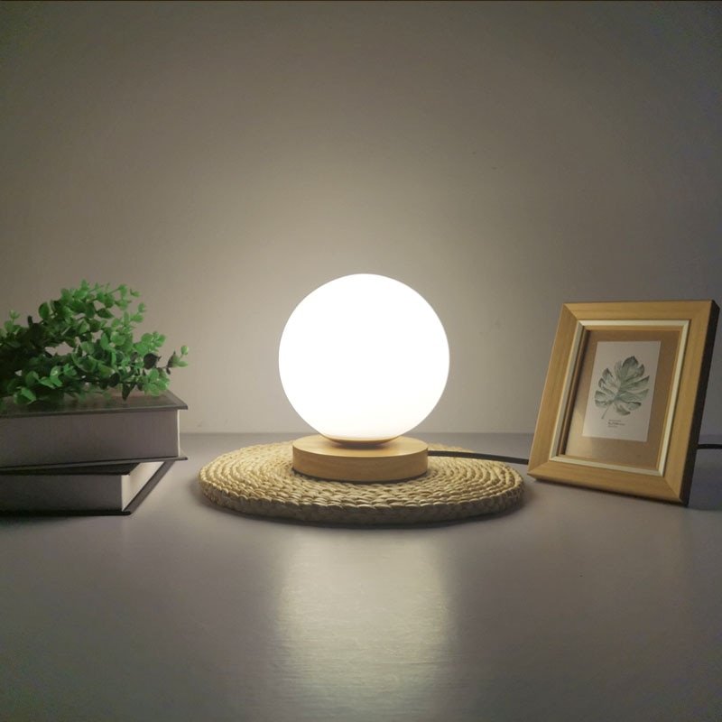 Simple White Glass Ball Table Lamp Nordic Bedroom Bedside Wooden base desk lamp Home Deco Desk LED Lighting Fixture 1
