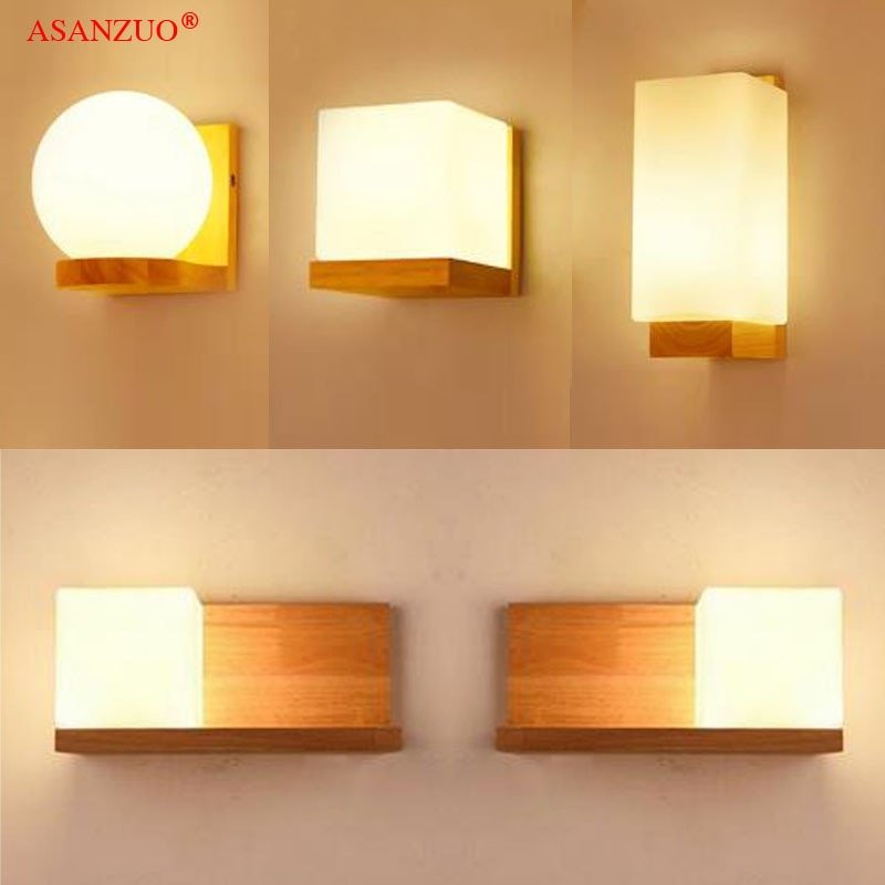 Nordic Wood Wall Lamps with Glass Shade Home Indoor Decor Sconce Bedside Led Wall Light Night Lights Fixtures E27 1
