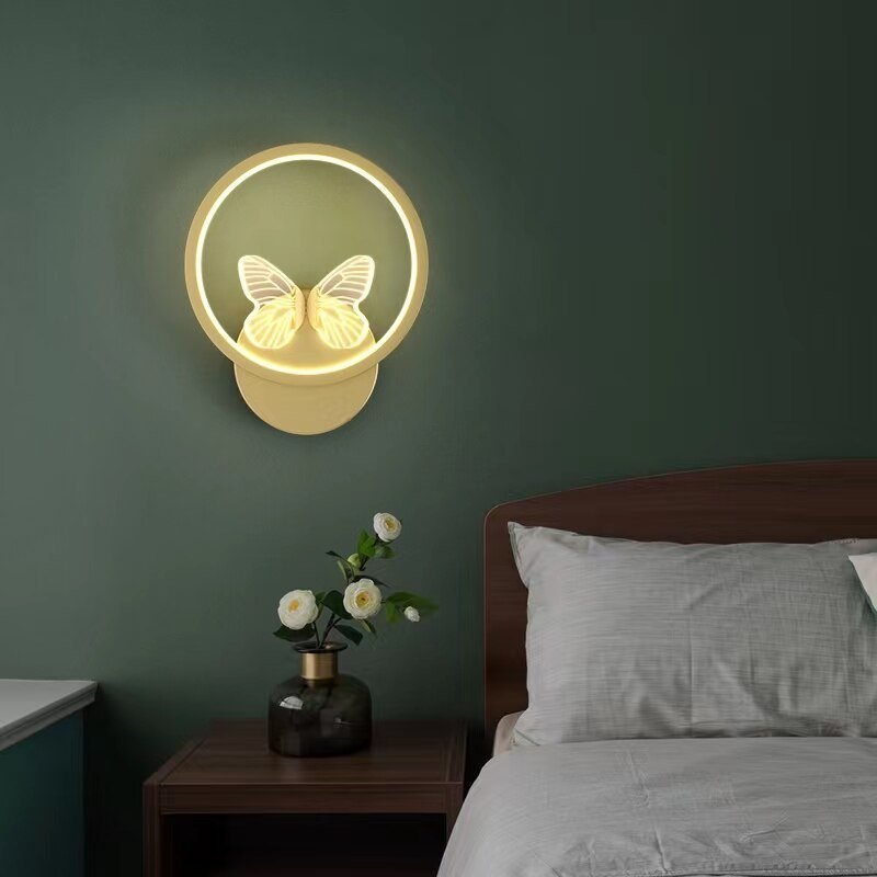 Modern Round ring butterfly Wall Lamps Home Decor Living Room Bedroom Bedside AC110-240V LED light Gold Black Aisle Decor Sconce 2