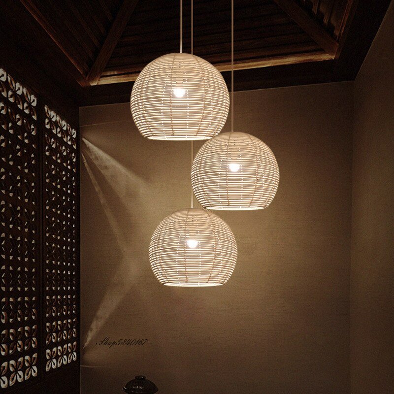 Minimalist Round Shade Pendant Lights Rattan Lamp Suspension Dining Room Kitchen Light Fixtures Black/Beige Lustre Home Lighting 2