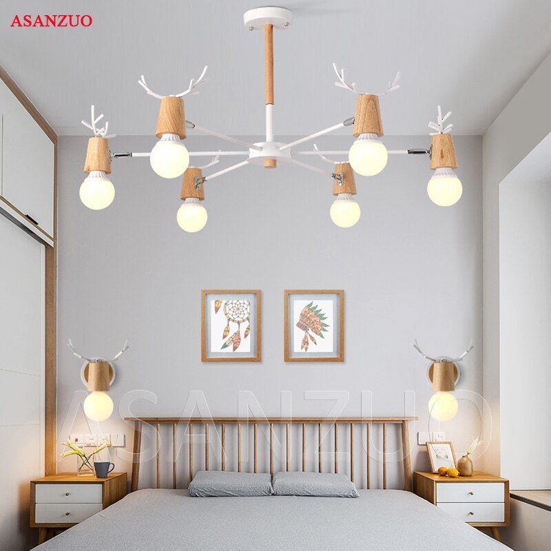 Nordic style living room ceiling light modern minimalist solid wood bedroom  Kids Room LED home iron antler lamps 4