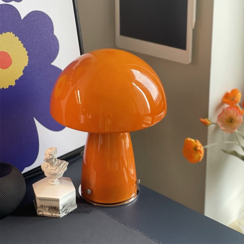 Vintage Glass Table Lamp Danish Orange Mushroom Desk Lmap Lights Living Room Decoration Bedroom Bedside Lamp Ins Simple Lighting 1