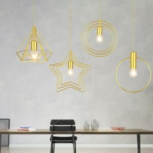 Gold Retro Industrial Iron Cage Pendant Lights Vintage Indoor Lighting Bedroom  E27 LED Light Loft Ring Stars Hanging Lamps 1