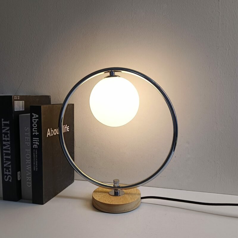 Nordic Glass Lampshade Silver Metal Ring LED Table Lamp Bedroom Bedside Night Light Decoration Study Desk Lamp Round Wood Base 3