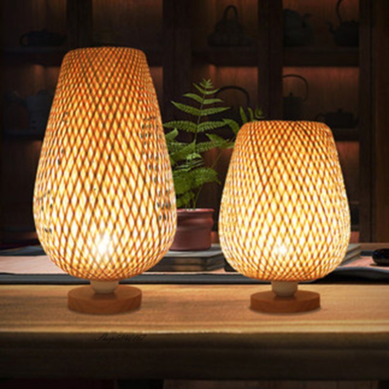 Vintage Bamboo Table Lamps Chinese Style Handmade Wooden Desk Lamp for Living Room Bedroom Decoration Creative E27 Decorate Lamp 1