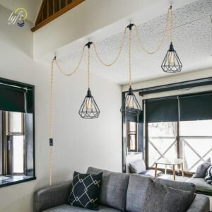 Industrial Vintage Loft Style Hemp Cord Covered Power Cord With EU Plug Switch E27 Bulb Lamp Holder Cord Sets 3 Heads Chandelier 1