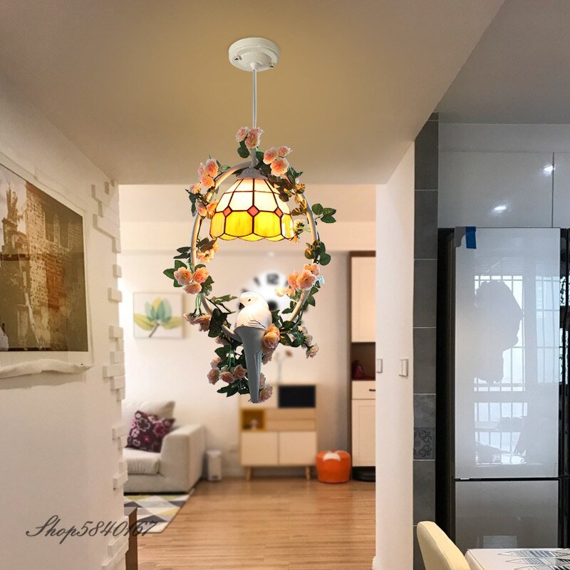 Tiffany Pendant Lamp Bird Lamp Artificial Plant Wreath Light Fixtures Hanging Lamps for Living Room Loft Restaurant Decoration 5