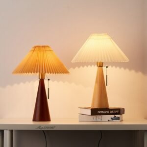 Retro Zipper Wooden Table Lamp Designer Log Style Bedroom Bedside Lamp Living Room Study Decor Pleated Cloth Lampshade E27 Lamp 1