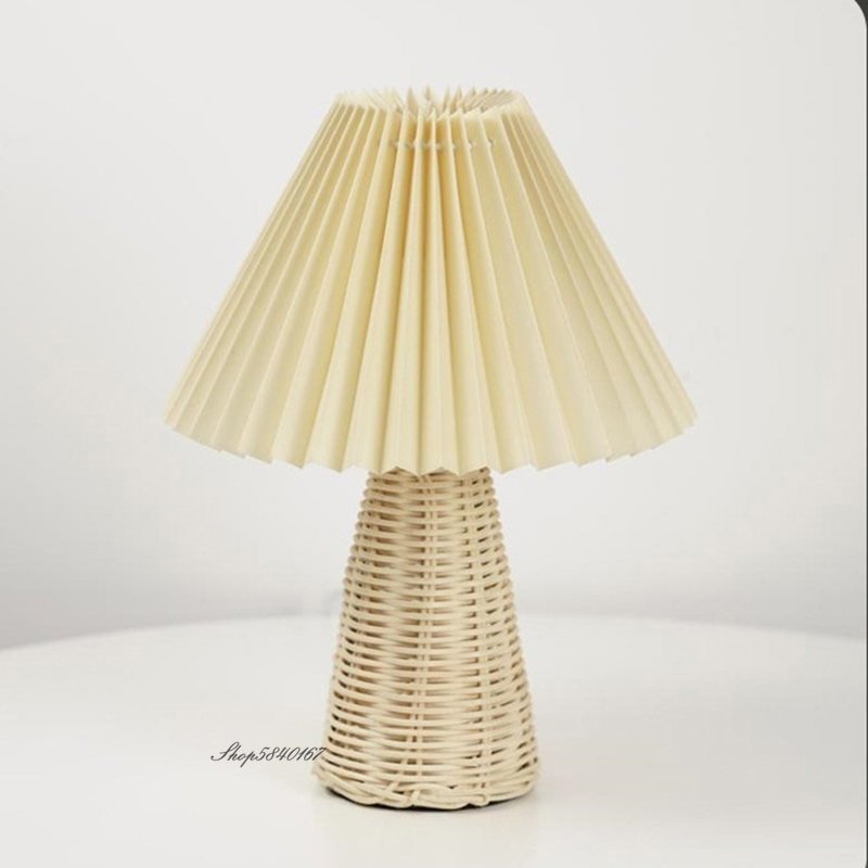 Vintage Pleated Table Lamp Creative Rattan Night Light Study Bedroom Lamp Decor Beige/white/flower Lampshade E27 Beside Lamp 3
