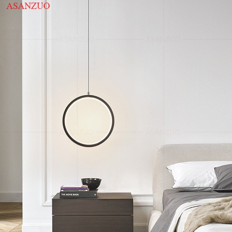 Nordic Simple LED Long wire Suspension Hanging Light Living Room Modern Black White Round Pendant Lamp for Bed Side Lighting 4