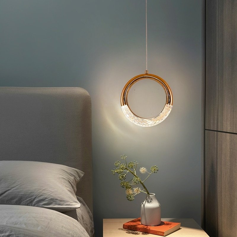 Modern LED Ring Pendant Lights Round Crystal Hanging Lamps Gold Bedside Lighting Decoration Bedroom Luxury Droplight 4